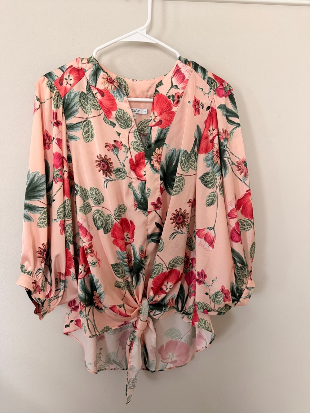 CeCe Peach Floral Tie-Front Blouse with Green Leaves